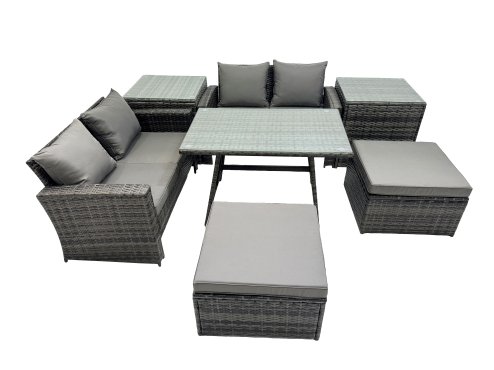 Fimous 6 Seater Wicker PE Rattan Furniture Outdoor Dining Table Double Seat Sofa 2 Big Stool 2 Side Table Set Dark Grey Mixed
