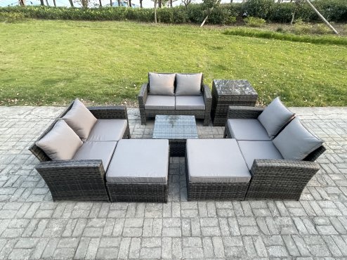 Fimous Outdoor Lounge Sofa Set Wicker PE Rattan Garden Furniture Set with Square Coffee Table Double Seat Sofa 2 Big Footstool Side Table Dark Grey Mixed
