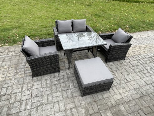 Fimous Outdoor Garden Furniture High Back Rattan Sofa Dining Table Set with Big Footstool Dark Grey Mixed