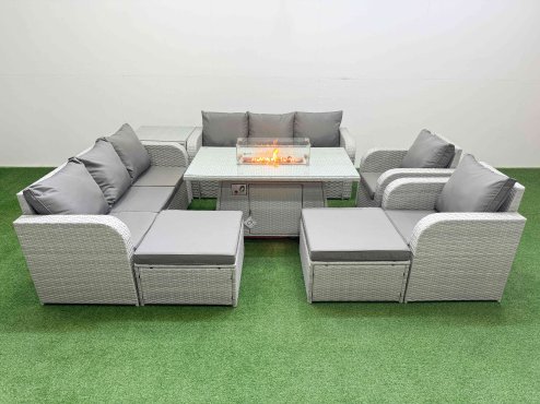Fimous PE Rattan High Back Lounge Sofa Set Patio Firepit Dining Table & Chairs Set with 3 Seater Sofa Reclining Chair 2 Big Footstool Side Table Light Grey