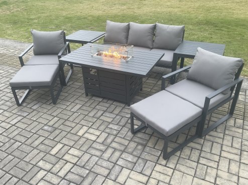 Fimous Aluminium Patio Outdoor Garden Furniture Lounge Sofa Set Gas Fire Pit Dining Table with 2 Side Tables 2 Big Footstools Dark Grey