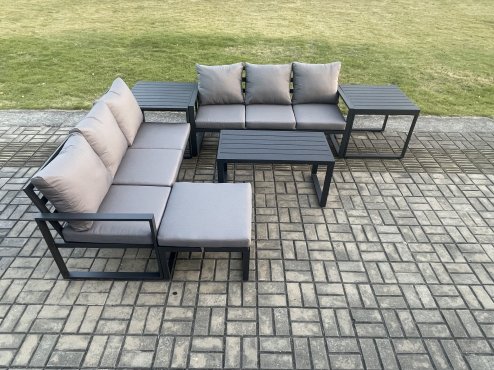 Fimous Aluminium 6 Pieces Outdoor Garden Furniture Lounge Sofa Set with Oblong Coffee Table Big Footstool 2 Side Tables Dark Grey