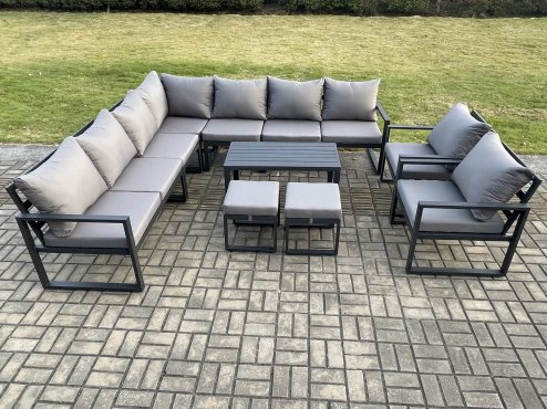 Fimous Aluminium Outdoor Garden Furniture Set Lounge Corner Sofa 2 Pcs Chair Oblong Coffee Table Sets with 2 Small Footstools Dark Grey