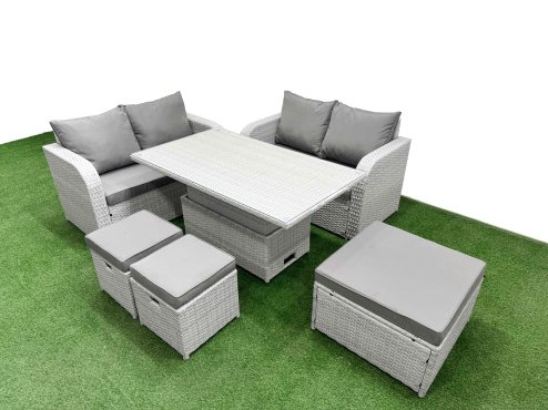 Fimous 7 Seater Outdoor Love Sofa Set Rattan Garden Furniture Set with Adjustable Lifting Dining or Coffee Table 3 Footstool Light Grey