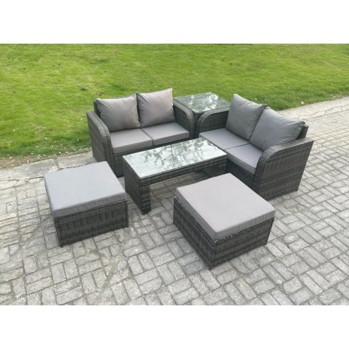 Fimous Rattan Wicker Garden Furniture Patio Conservatory Sofa Set with Rectangular Coffee Table Reclining Chair Love Sofa 2 Big Footstool Side Table