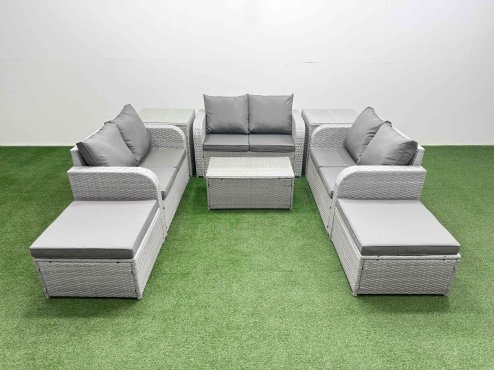 Fimous 8 Seater PE Wicker Rattan Furniture Sofa Sets with Rectangular Coffee Table 2 Seater Love Sofa 2 Big Footstool 2 Side Table Light Grey