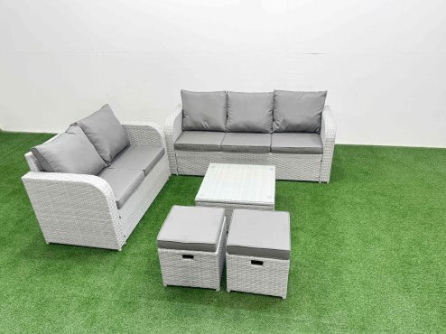 Fimous 7 Seater PE Rattan Wicker Garden Furniture Patio Conservatory Sofa Set with Square Coffee Table 3 Seater Sofa Love Sofa 2 Stools