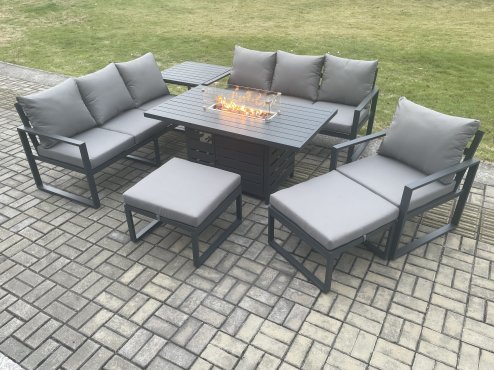 Fimous Aluminium 7 Pieces Garden Furniture Sofa Set with Cushions 9 Seater Gas Fire Pit Dining Table Set with Side Table 2 Big Footstools Dark Grey