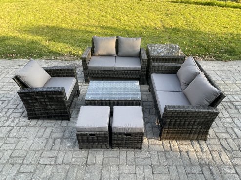 Fimous Rattan Garden Furniture Set 7 Seater Patio Outdoor Lounge Sofa Chair Set with Side Table Rectangular Coffee Table 2 Small Footstools Dark Grey Mixed