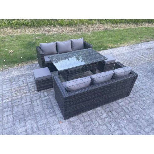 Fimous PE Wicker Outdoor Garden Furniture Set Patio Rattan Rectangular Dining Table Lounge Sofa with 2 Small Footstool 8 Seater Dark Grey Mixed