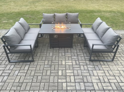 Fimous Aluminium 9 Seater Garden Furniture Outdoor Set Patio Lounge Sofa Gas Fire Pit Dining Table Set Dark Grey