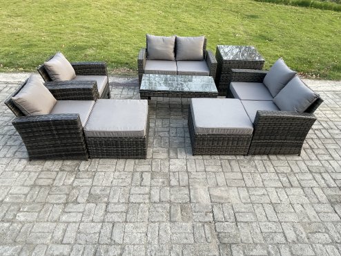 Fimous 8 Seater Outdoor Rattan Patio Furniture Set Garden Lounge Sofa Set with Armchairs Side Table 2 Big Footstool Coffee Table Dark Grey Mixed
