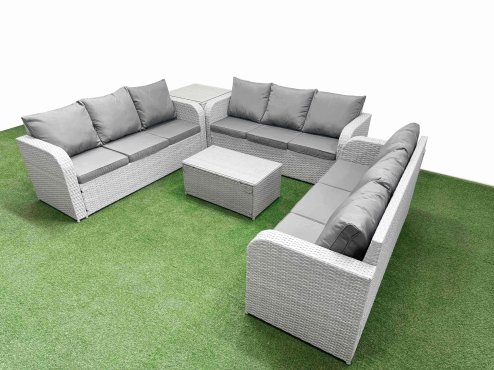 Fimous PE Rattan Lounge Sofa Set 9 Seater Outdoor Garden Furniture Set with Rectangular Coffee Table 3 Seater Sofa Side Table Light Grey