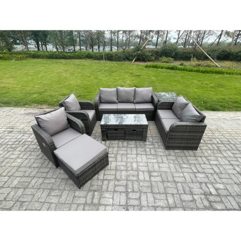 Fimous 10 Seater Outdoor Rattan Garden Furniture Set Rattan Lounge Sofa Set with Rectangular Coffee Table Side Table 3 Footstools Dark Grey Mixed