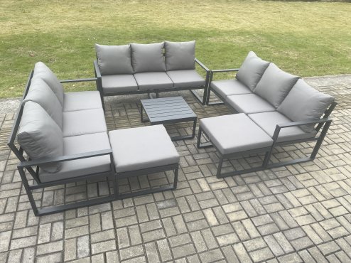 Fimous Aluminium Outdoor Garden Furniture Set Patio Lounge Sofa with Square Coffee Table 2 Big Footstools Conservatory Set Dark Grey