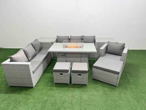 Fimous 10 Seat PE Rattan Lounge Sofa Set Outdoor Garden Furniture Set with Firepit Dining Table 3 Seater Sofa 3 Stools 2 Side Tables Light Grey