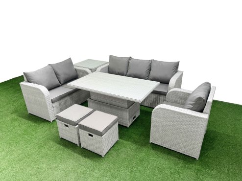 Fimous Patio PE Wicker 8 Seater Outdoor Rattan Furniture Sofa Sets with Adjustable Lifting Dining or Coffee Table Reclining Chair Loveseat Sofa 3 Seater Sofa Stool Side Table Light Grey