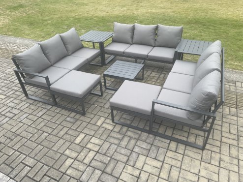 Fimous Aluminium Outdoor Garden Furniture Set Patio Lounge Sofa with Square Coffee Table 2 Side Tables 2 Big Footstools Conservatory Set Dark Grey