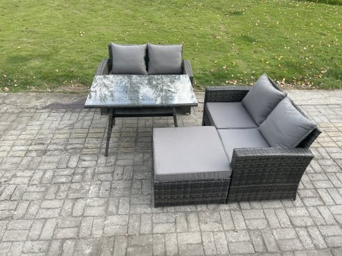 Fimous Garden Furniture Sets 4 Pieces Wicker Rattan Furniture Manual Wicker Patio Sofa Patio Conversation Set with Big Footstool Dark Grey Mixed