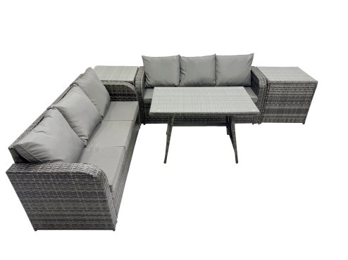 Fimous Garden Rattan Outdoor Furniture Set 6 Seater with 3 Seater Sofa 2 Side Table Dark Grey