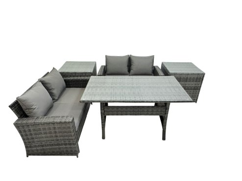 Fimous 4 Seater Wicker PE Rattan Furniture Outdoor Dining Table Double Seat Sofa 2 Side Table Set Dark Grey Mixed