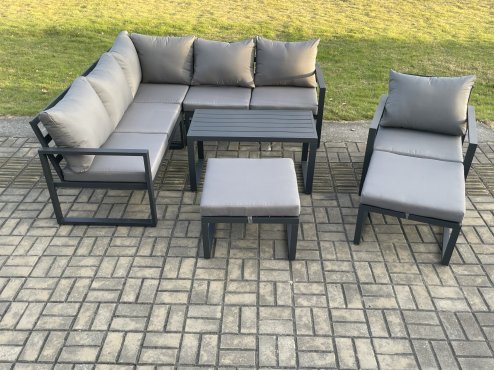 Fimous Aluminium Outdoor Garden Furniture Set Lounge Sofa Oblong Coffee Table Sets with Chair 2 Big Footstools Indoor Conservatory Set Dark Grey
