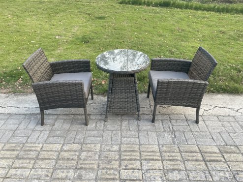 Fimous Wicker PE Outdoor Rattan Garden Furniture Arm Chair And Table Dining Sets 2 Seater Small Round Table Dark Grey Mixed