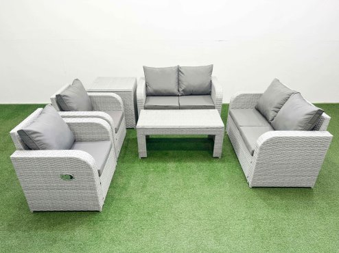 Fimous 6 Seater Outdoor Reclining Chair Love Sofa Set Rattan Garden Furniture Set with Oblong Coffee Table Side Table Light Grey
