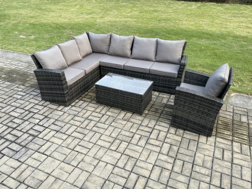 Fimous 7 Seater Rattan Garden Furniture Corner Sofa Set Outdoor Patio Sofa Chair Table Set with Rectangular Coffee Table Dark Grey Mixed