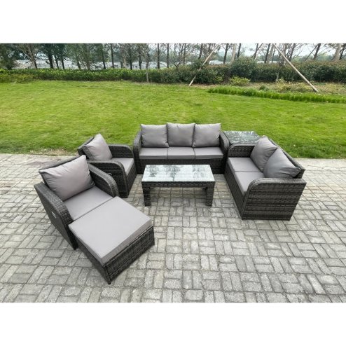 Fimous 8 Seater Outdoor Rattan Garden Furniture Set Patio Lounge Sofa Set with Rectangular Coffee Table Big Footstool Side Table Dark Grey Mixed