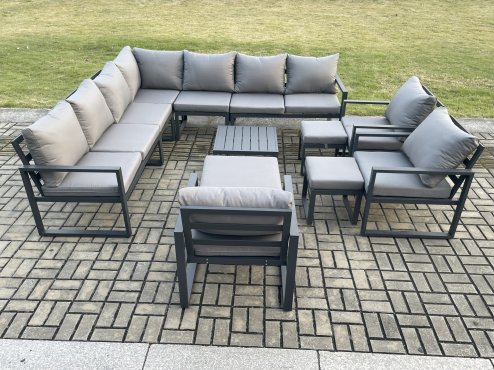 Fimous 13 Seater Outdoor Garden Furniture Set Aluminium Lounge Corner Sofa Square Coffee Table 3 Pcs Chair Sets with 3 Footstools Dark Grey