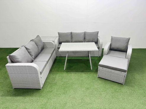 Fimous 6 Pieces Outdoor PE Rattan Garden Furniture with Cushions Reclining Chair Side Table Big Stool Light Grey
