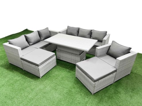 Fimous 6 PCs Rising Dining Table Set Rattan Furniture Set with 3 Seater Sofa Chair 2 Big Footstool Light Grey