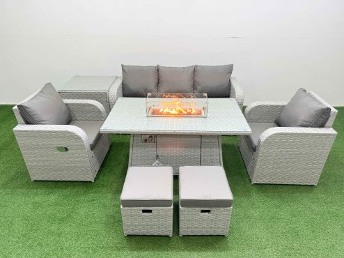Fimous PE Rattan Garden Furniture Set Reclining Chair Sofa Lounge Sofa Set Firepit Dining Table Side Table 2 Small Stools Light Grey