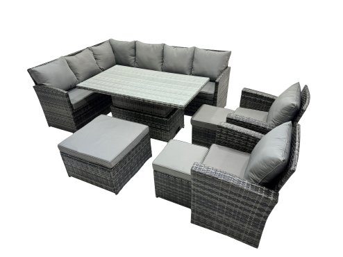 Fimous 11 Seat Poly Rattan Outdoor Patio Height Adjustable Rising Lifting Table Corner Sofa Set with 3 Stool 2 Chairs for Garden Backyard Dark Grey Mixed