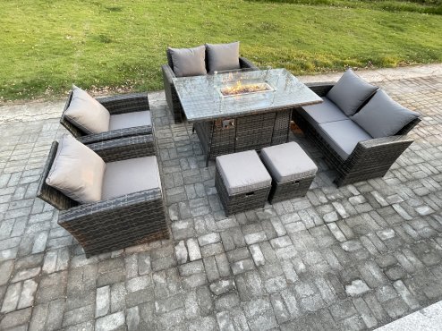 Fimous Wicker PE Rattan Garden Furniture Sets Patio Outdoor Gas Firepit Dining Table Heater Set with Double Seat Sofa 2 Small Footstools Dark Grey Mixed