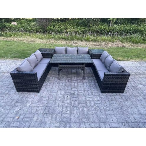 Fimous Wicker Outdoor Garden Furniture Rattan Lounge Sofa Set Patio Rectangular Dining Table with 2 Side Table 9 Seater Dark Grey Mixed