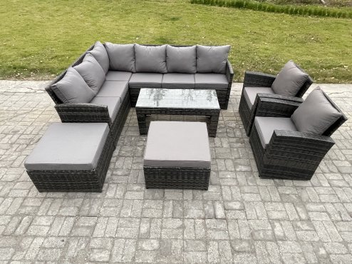 Fimous Rattan Garden Furniture Sets High Back Corner Sofa Oblong Coffee Table Set with 2 Big Footstool 2 Armchairs Dark Grey Mixed