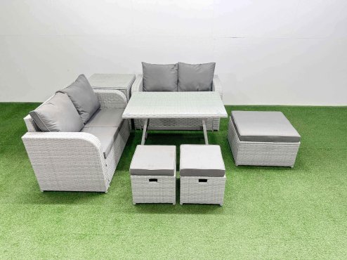 Fimous 7 Seater Outdoor Love Sofa Set Rattan Garden Furniture Set with Rectangular Dining Table Side Table 3 Footstools Light Grey
