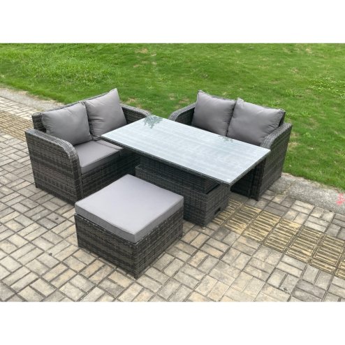 Fimous Outdoor Rattan Furniture Garden Dining Set Height Adjustable Rising lifting Table Love Sofa Set With Big Footstool Dark Grey Mixed