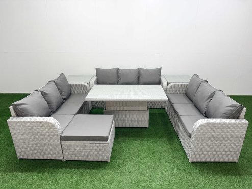 Fimous PE Rattan Lounge Sofa Set 10 Seater Outdoor Garden Furniture Set with Adjustable Lifting Dining or Coffee Table 3 Seater Sofa Big Footstool 2 Side Table Light Grey