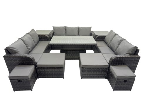 Fimous Rattan Garden Furniture Dining Set 13-seater Patio Height Adjustable Rising Lifting Table Sofa Set with 2 Side Tables Dark Grey Mixed