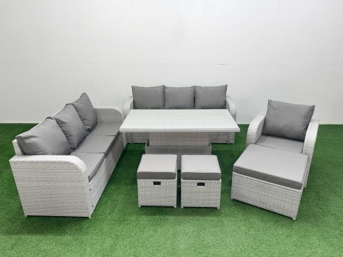 Fimous 10 Seater Poly Rattan Outdoor Garden Furniture Adjustable Lifting Dining or Coffee Table Sofa Set Patio 3 Seater Sofa Reclining Chair 3 Seater Sofa 3 Stools Light Grey