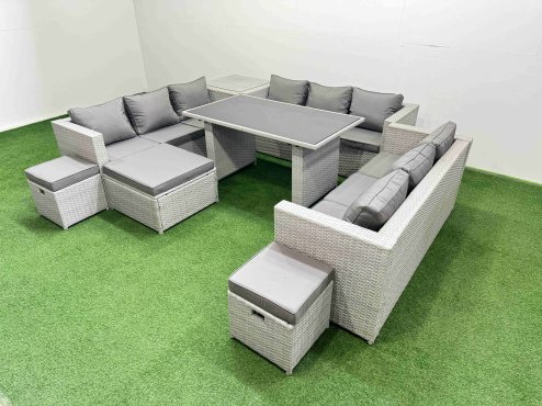 Fimous Patio Outdoor Garden Furniture Sets with Black Glass Top Dining Table 3 Seater Sofa Side Table 3 Stool Light Grey