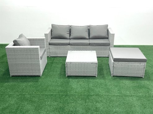 Fimous 5 Seater Rattan Garden Furniture Set with 3 Seater Sofa Chair Square Coffee Table Big Footstool Light Grey Mixed