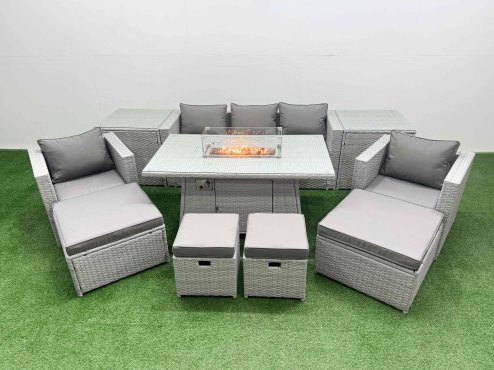Fimous 9 Seat PE Rattan Lounge Sofa Set Outdoor Garden Furniture Set with Firepit Dining Table 3 Seater Sofa 4 Footstools 2 Side Tables Light Grey