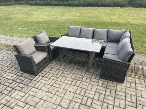 Fimous 8 Seater Garden Rattan Furniture Corner Sofa Dining Table Chair Set with Temper Glass and Cushions Indoor Outdoor Lounge Sofa Set