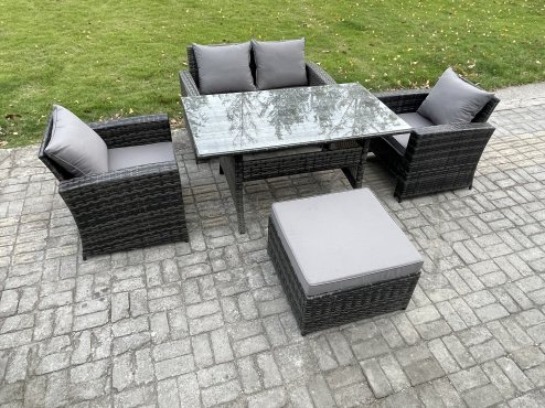 Fimous PE Wicker Outdoor Garden Furniture Set Patio Furniture Rattan Rectangular Dining Table Lounge Sofa with Big Footstool