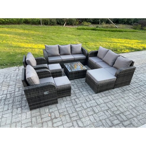 Fimous High Back Rattan Garden Furniture Set with Square Coffee Table 3 Footstools Indoor Outdoor Patio Lounge Sofa Set Dark Grey Mixed