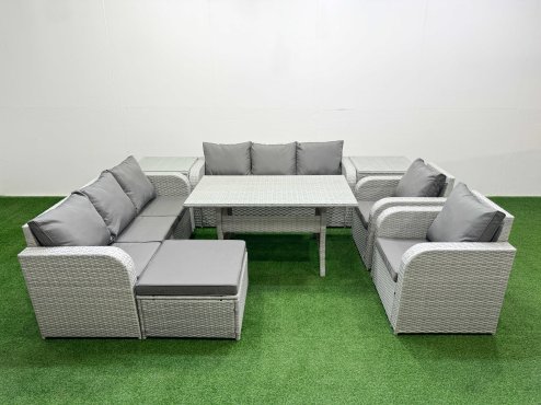 Fimous PE Rattan High Back Lounge Sofa Set Patio Rectangular Dining Table & Chairs Set with 3 Seater Sofa Reclining Chair Big Footstool 2 Side Table Light Grey
